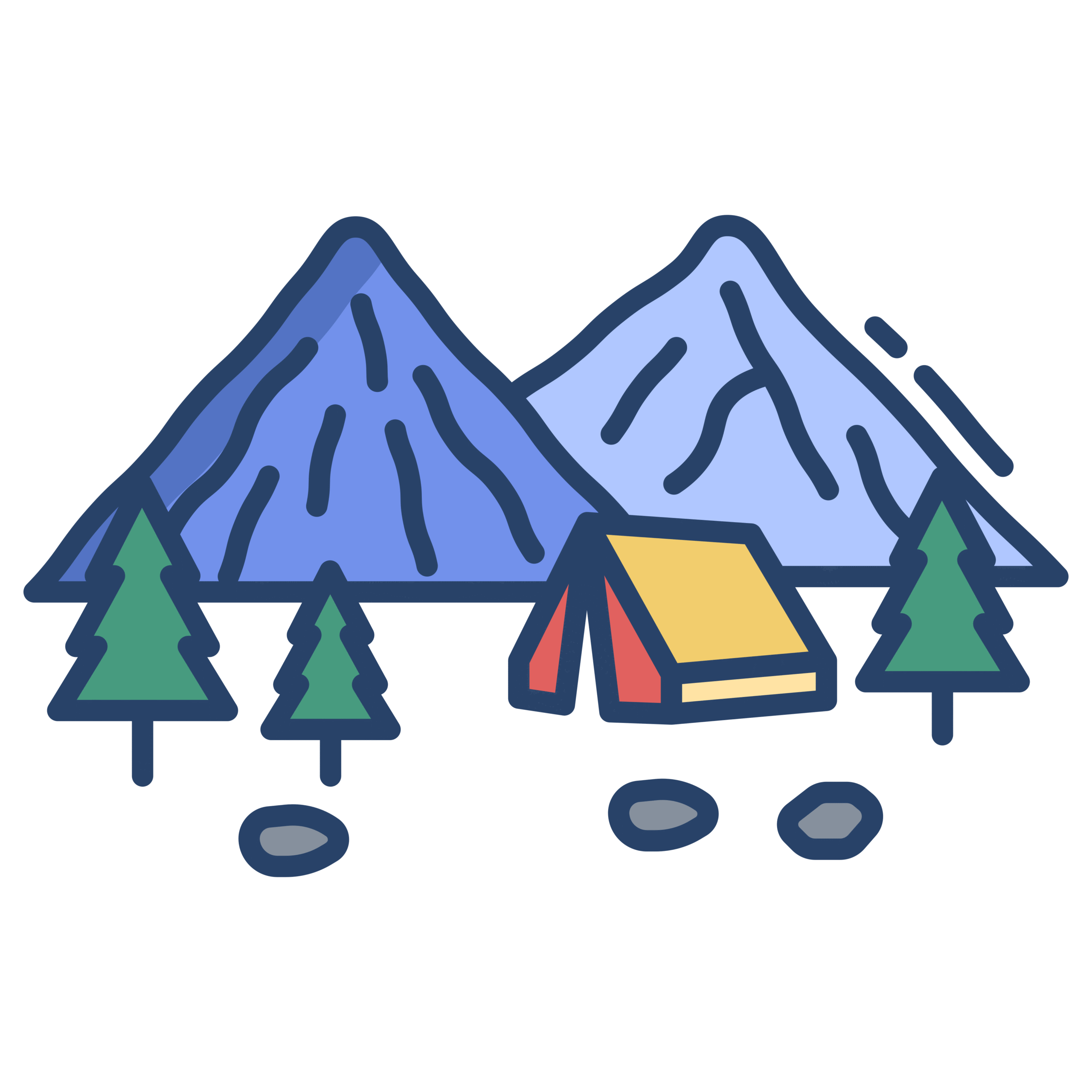 graphic of mountains, trees, and a tent